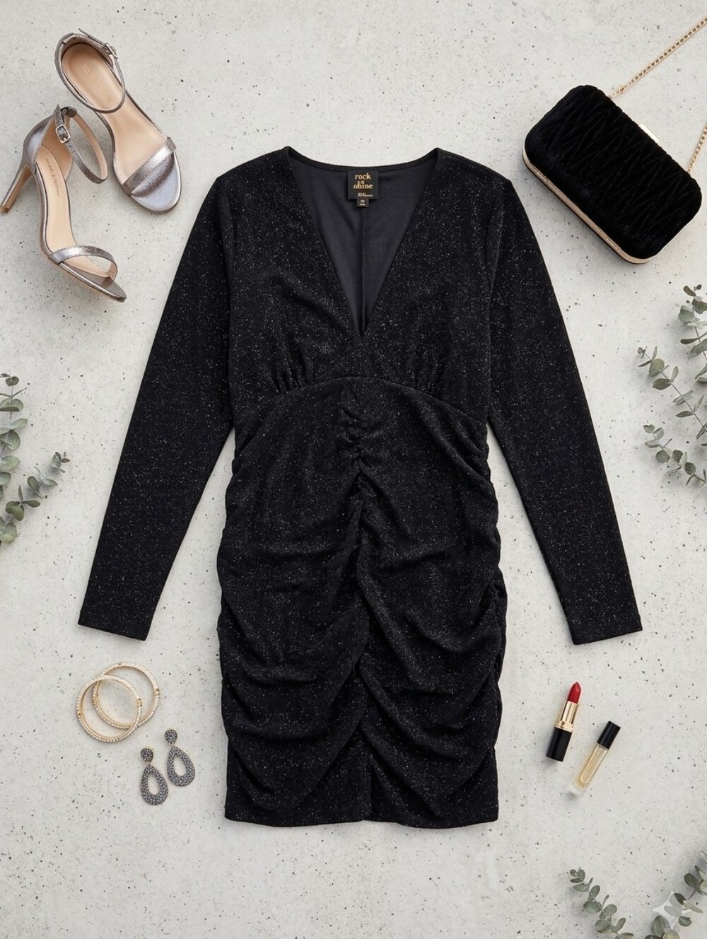 Rock & Shine Black Shimmer Ruched Cocktail Glam Dress Size Large